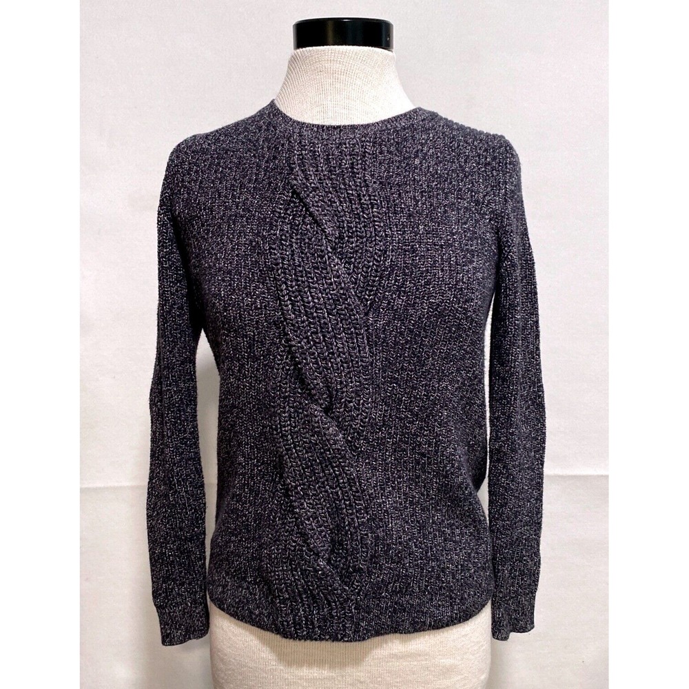 Talbots Petites Navy Marled Cotton Cable Knit Crossover Sweater SP Crew Neck